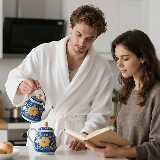 Couple Reading Over Tea in Kitchen