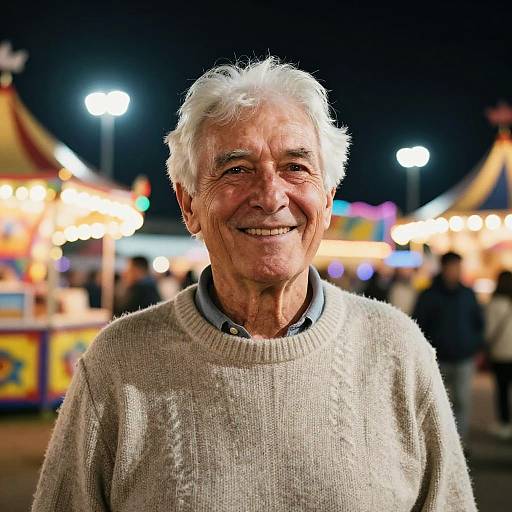 Photograph of smiling elderly man with white hair, wearing beige sweater and blue collared shirt, in brightly lit nighttime carnival.