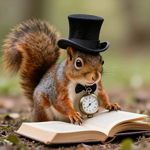 Photograph of a cute squirrel wearing a black top hat and bowtie, sitting on forest floor, reading an open book with a pocket watch, in