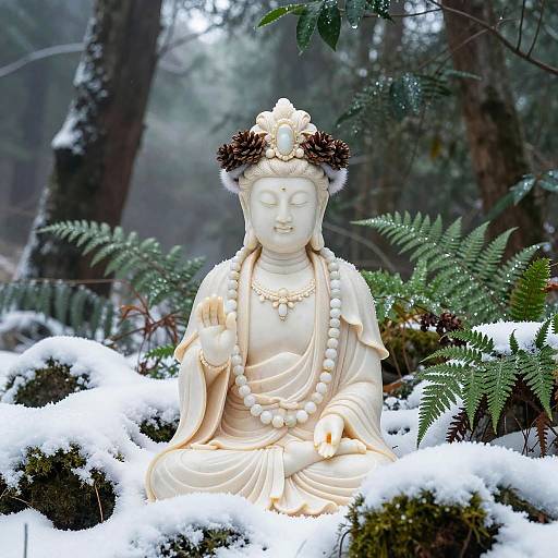 Photograph of a serene white Buddhist statue with pinecone hair adornments, sitting in a snowy forest, surrounded by ferns.