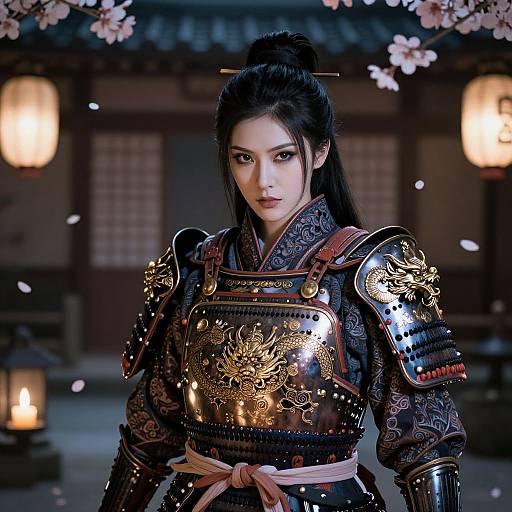 Photorealistic digital art of an Asian woman in ornate black samurai armor with gold floral patterns, standing under cherry blossoms, illuminated by lantern