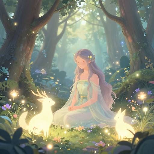 Digital fantasy artwork of a serene, long-haired woman in a flowing white dress, surrounded by glowing fireflies and colorful flowers in a mystical forest, bath