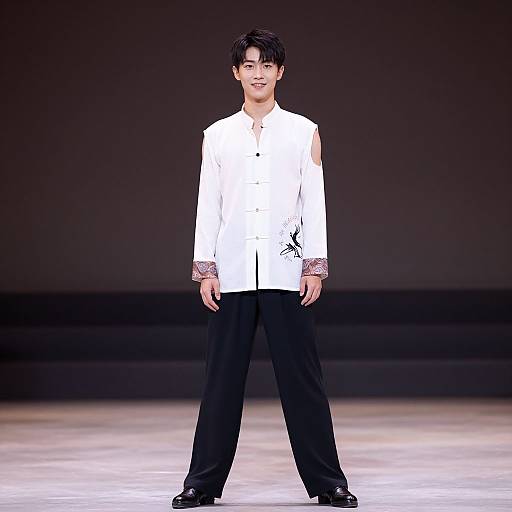 Photograph of an Asian male model on a runway, wearing a white, long-sleeve shirt with intricate patterns, black pants, and black shoes