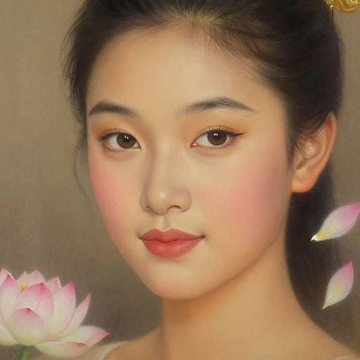 Digital portrait of an Asian woman with fair skin, black hair, and pink-tinted cheeks, gazing softly. Pink lotus petals in the