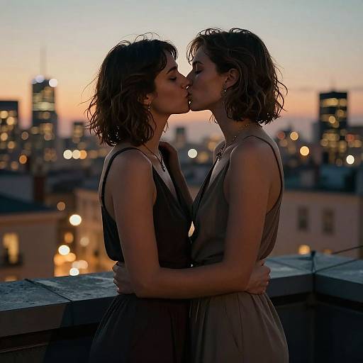 Lesbian Kiss on Rooftop at Dusk