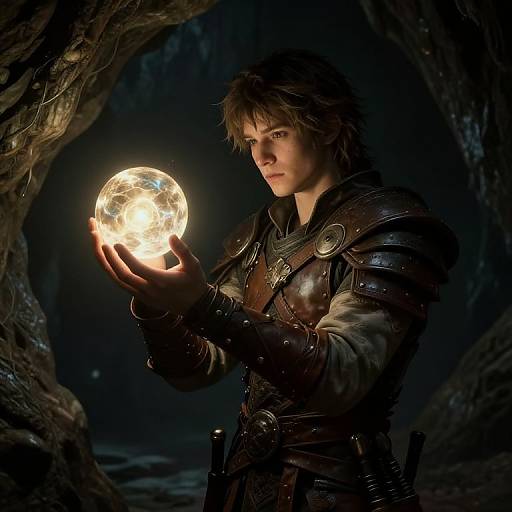 Photograph-style digital artwork of a young man with messy brown hair, wearing dark leather armor, holding a glowing, ethereal orb in a dimly