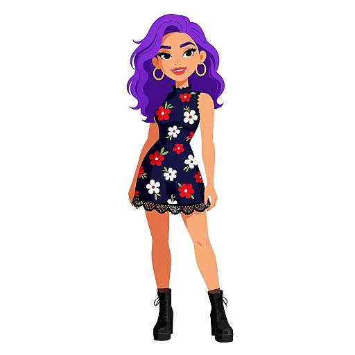 Digital cartoon of a stylish woman with purple hair, wearing a black floral dress, black lace trim, hoop earrings, and black ankle boots.