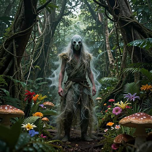 Digital artwork of a ghostly, white-masked figure with long hair in a tattered, mossy forest, surrounded by colorful flowers and mushrooms.