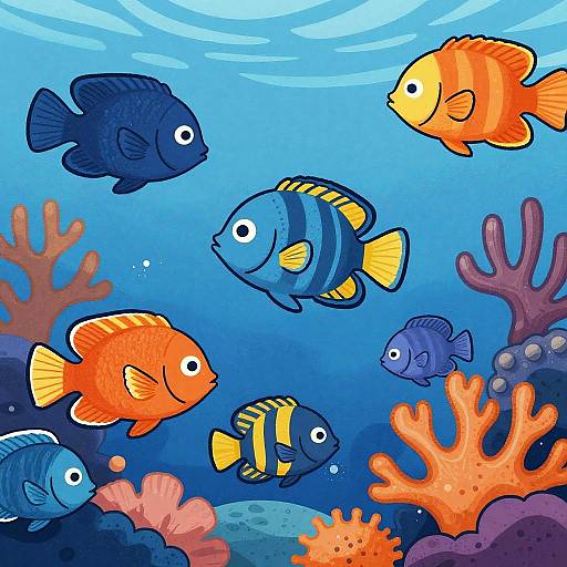 Colorful digital illustration of five fish swimming in a vibrant underwater scene with orange, blue, and purple coral.