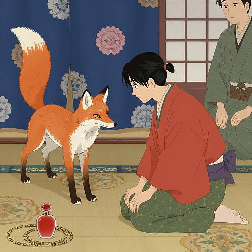 Traditional Japanese Scene with Fox and Kneeling Man