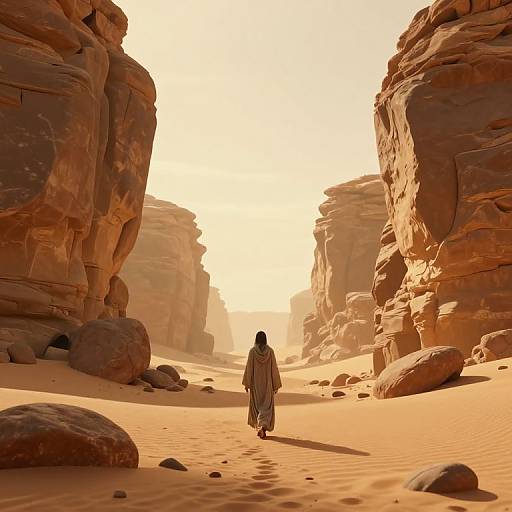 Digital artwork of a lone figure in a long robe walking through a sunlit, sandy canyon with towering rocky walls.