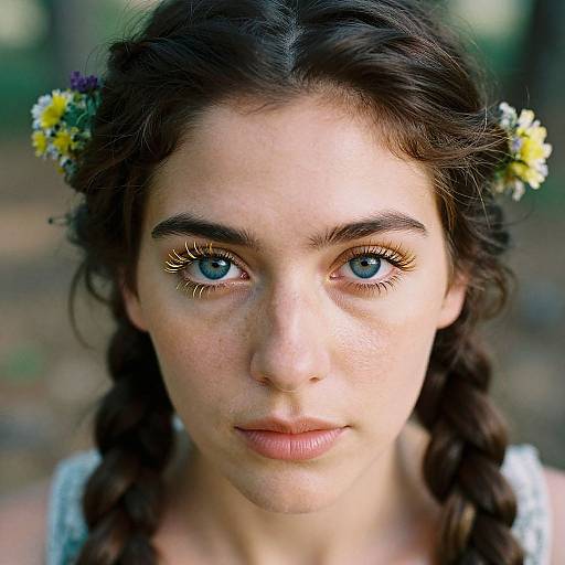 Photorealistic portrait of a young woman with blue eyes, freckles, dark brown hair in braids, wearing a flower crown, and white
