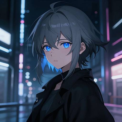 Anime-style digital artwork of a blue-eyed, short-haired, dark-haired person in a black jacket, standing in a neon-lit, futuristic city street