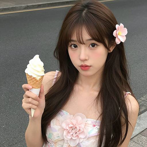 Young Asian woman with long brown hair, pink flower in hair, wearing white floral top, holding ice cream cone, standing on street.