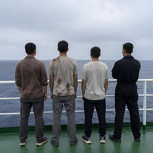 Men on Ship Deck Against Ocean Horizon