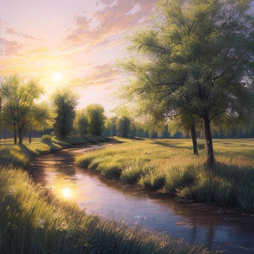 Sunlit Stream in Grassy Field