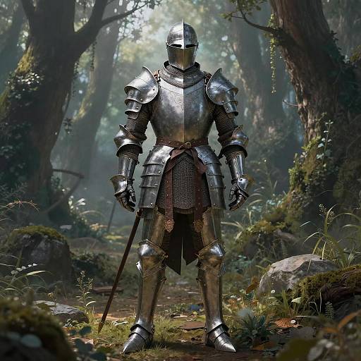 Ancient Knight in Shining Armor in Enchanted Forest