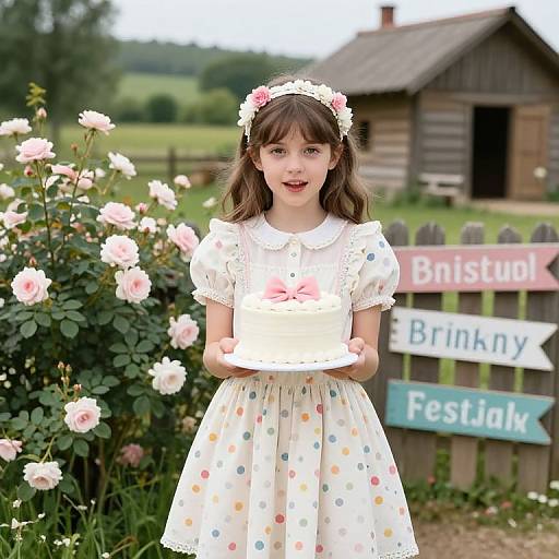Photograph of a young girl with brown hair, wearing a white polka dot dress, floral headband, and holding a cake, in front of