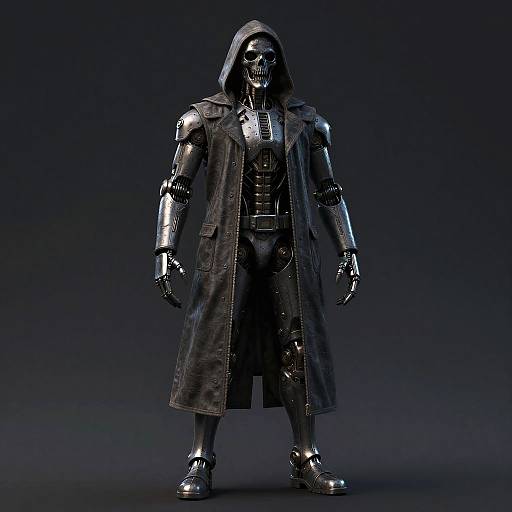 Photorealistic CGI of a black Sith Lord in a hooded, long coat, with metallic armor, glowing eyes, and a dark, ominous background