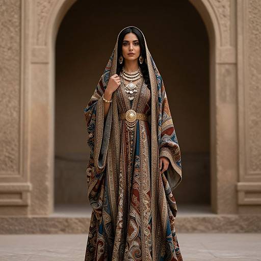 Photograph of a South Asian woman in an ornate, patterned traditional dress with a colorful shawl, standing in front of a stone archway