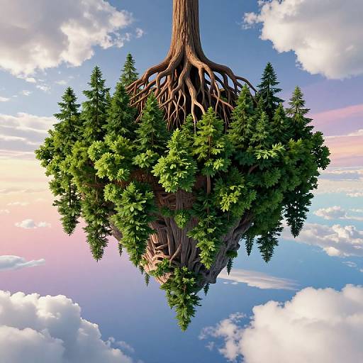 Digital artwork: Tree with thick roots suspends lush, green pine forest in mid-air, reflecting on a bright, cloudy sky background.