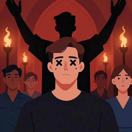 Digital Illustration of Man with Xs on Face in Church Setting