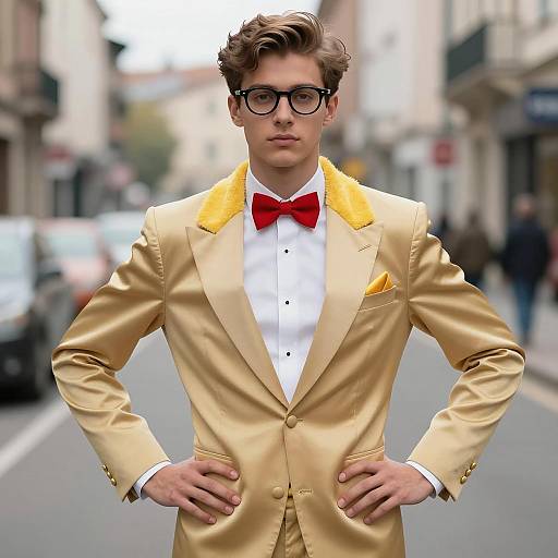 Young Man in Golden Tuxedo with Red Bow Tie