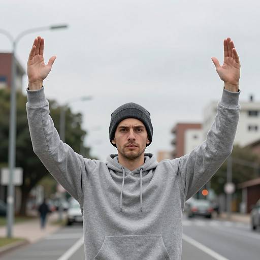 Man with Raised Arms in Gray Hoodie