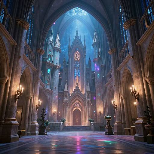 Photograph of a grand, Gothic cathedral interior with towering arches, stained glass windows, glowing lanterns, and colorful light reflections on polished stone floor