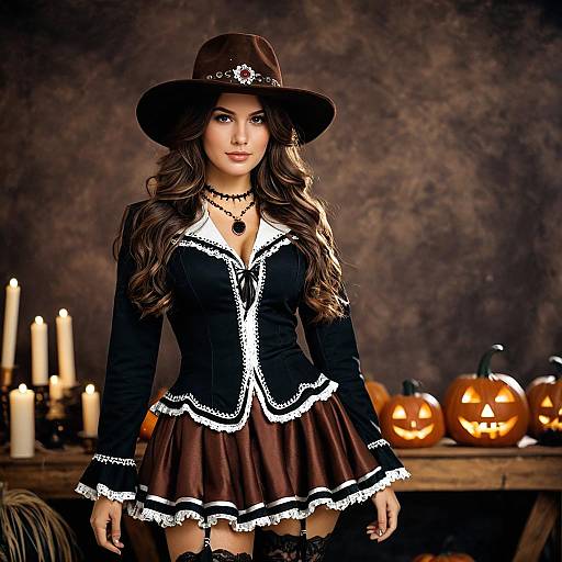 Woman in Western Halloween Costume with Pumpkins