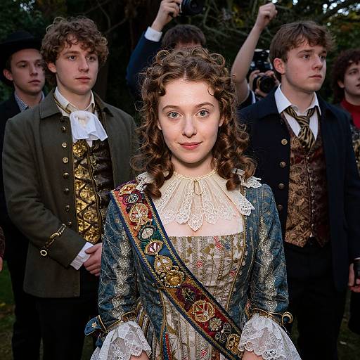 Photograph of a young woman with curly brown hair, wearing an ornate blue and gold Renaissance-style dress, surrounded by four boys in period costumes,