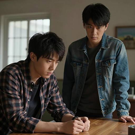 Two Serious Men in Dimly Lit Room