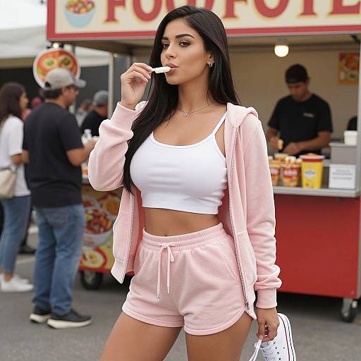 Photograph of a young woman with long black hair, light skin, wearing a pink zip-up jacket, white crop top, and pink shorts, licking