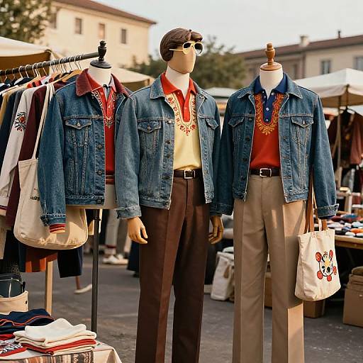 Photograph of two male mannequins in denim jackets, red shirts, and brown pants, standing outdoors at a market stall, holding tote bags