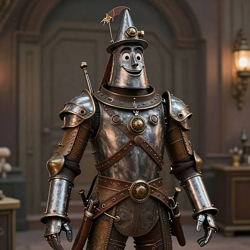 CGI image of a cheerful, humanoid robot in shiny, medieval-style armor with a pointed hat, standing in a dimly-lit, ornate