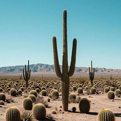 Photograph of a desert landscape with tall saguaro cacti, round barrel cacti, and distant mountains under a clear blue sky.