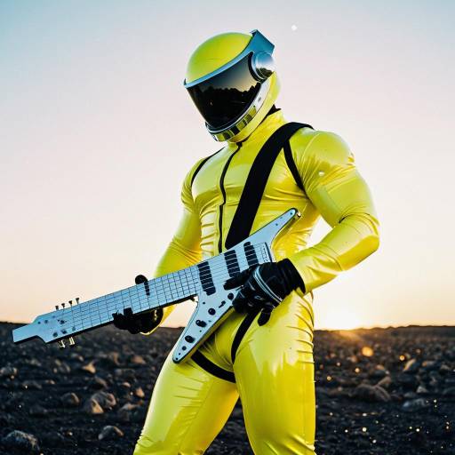 Man in Glossy Yellow Latex Spacesuit with Keytar