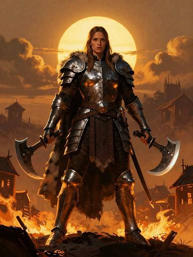 Warrior Woman in Armor Standing in Burning Village