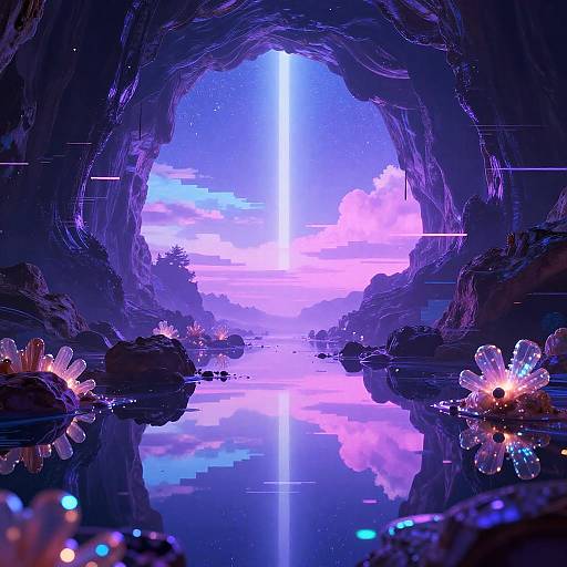 Digital art: Glowing, bioluminescent cavern with a radiant blue-purple beam of light, reflecting on a mirror-like water surface. Pink and