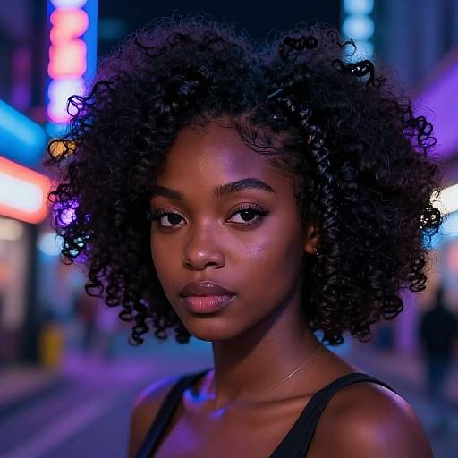 Photograph of a beautiful young Black woman with dark curly hair, glowing skin, and subtle makeup, standing in a neon-lit urban street at night
