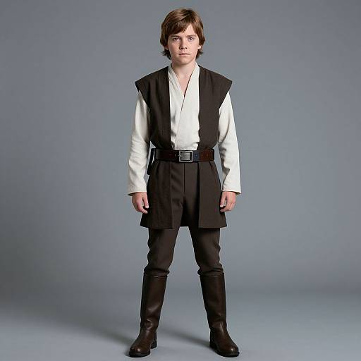 Photograph of a young boy in a white shirt and black vest, pants, and boots, standing against a plain gray background.
