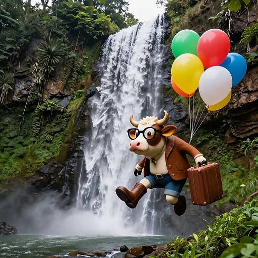 Anthropomorphic cow with glasses, brown jacket, blue jeans, and suitcase, flying over colorful balloons, near a cascading waterfall in a lush forest
