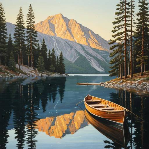 Tranquil Mountain Lake with Wooden Boat