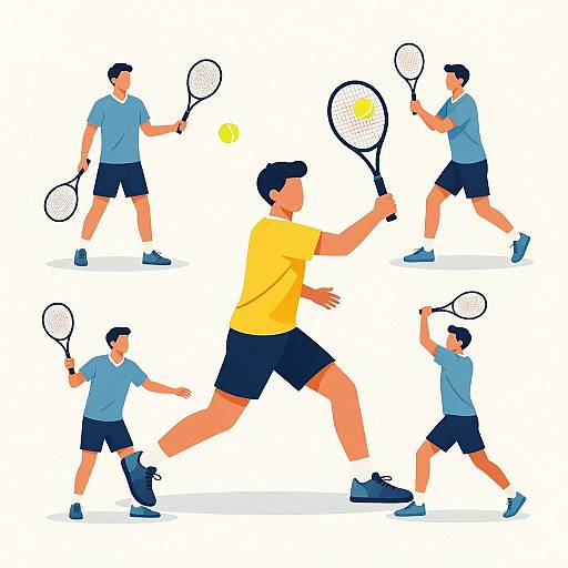 Digital illustration of four men playing tennis, wearing blue shirts and dark shorts, holding rackets, in dynamic mid-action poses.