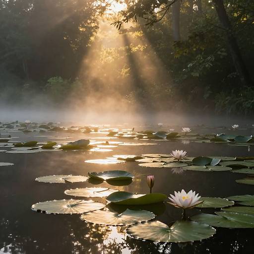 Sunlit mist over a serene pond with green lily pads, white water lilies, and golden sunbeams filtering through trees. Photographic nature