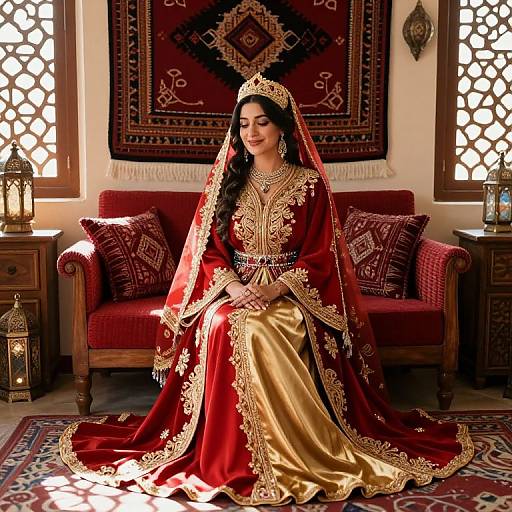 Photograph of a South Asian woman in an ornate red and gold traditional dress, seated on a red velvet sofa, adorned with intricate embroidery and a