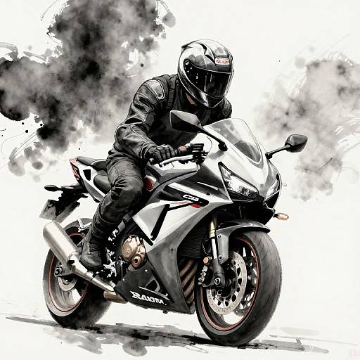 Dynamic black-and-white digital illustration of a helmeted motorcyclist in full leather gear, riding a sleek, modern sport bike with smoky black accents