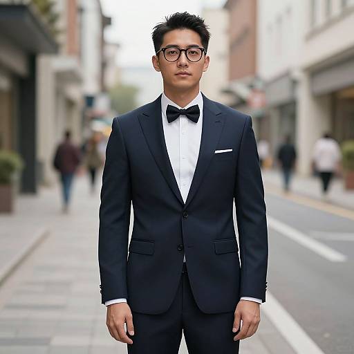 Photograph of an Asian man in a black tuxedo, black bow tie, and glasses, standing on a city street with blurred pedestrians and buildings