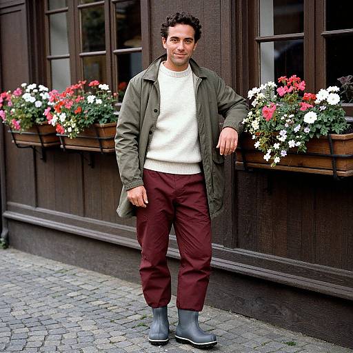 Photograph of a curly-haired man in a green coat, white sweater, maroon pants, and gray boots, standing in front of a dark wooden