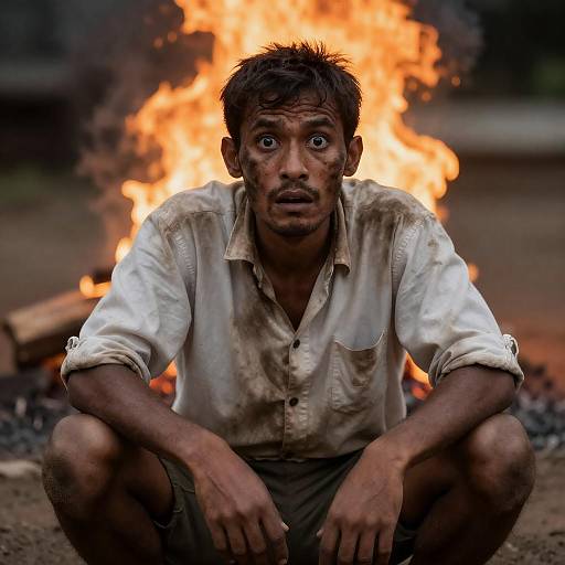 Startled Man Crouching by Orange Fire